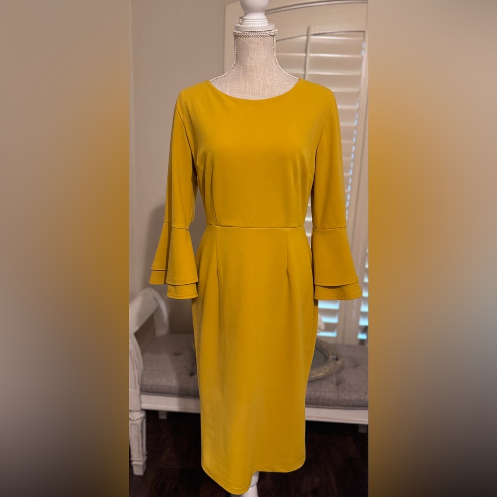 New York and Company Elegant Mustard Yellow Bell Sleeve Sheath Dress